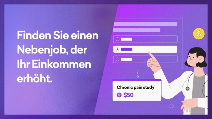 Abbildung einer Person, die auf einen Computerbildschirm mit Umfrageoptionen zeigt. Der Text links lautet: „Finden Sie einen Nebenjob, der Ihr Einkommen steigert.“ Das Symbol zeigt „Studie zu chronischen Schmerzen 50 $“. Ideale Nebenverdienste für Ärzt*innen werden hervorgehoben, um das Einkommen mühelos zu steigern.