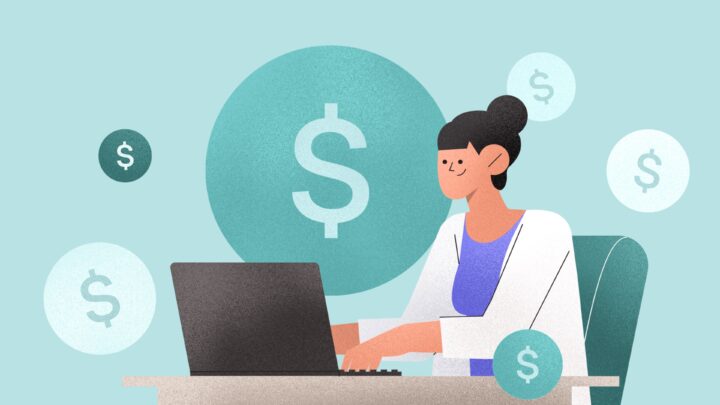 Illustration of a person using a laptop, surrounded by dollar symbols, suggesting financial activities related to physician compensation.