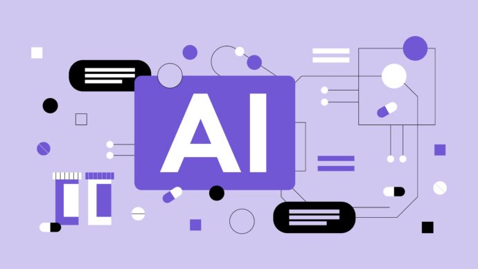 Illustration of "AI" text in the center with abstract geometric shapes and lines on a purple background, subtly hinting at AI's transformative role in healthcare.