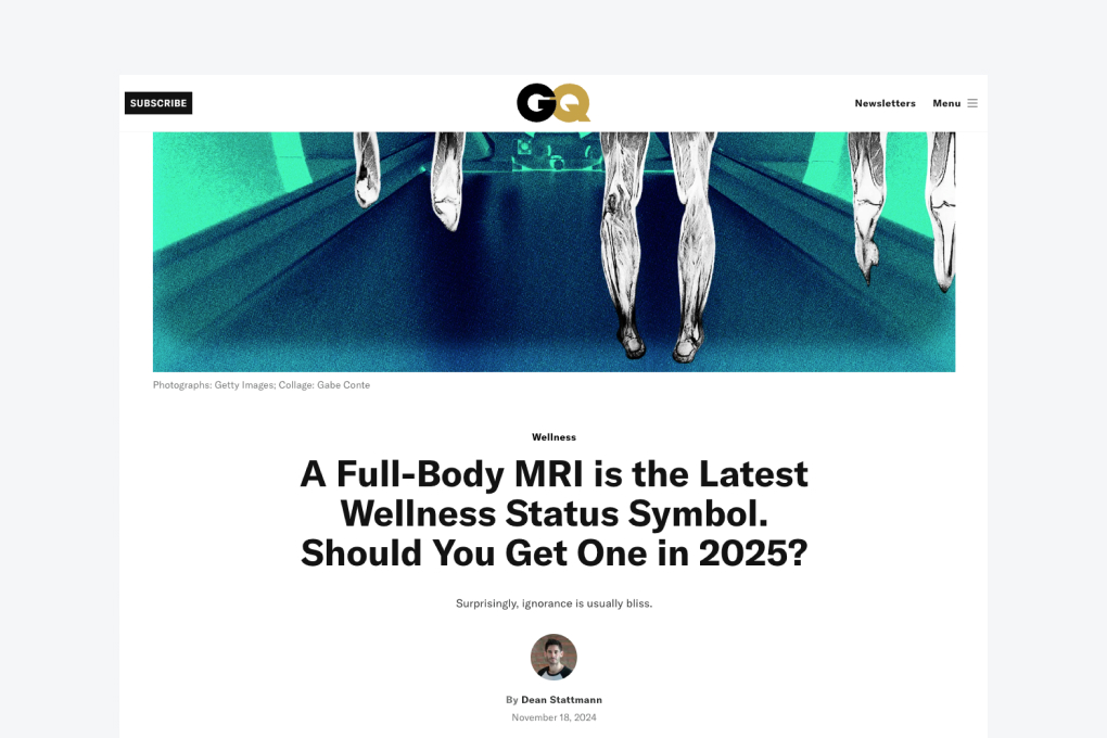 Magazine webpage titled "A Full-Body MRI is the Latest Wellness Status Symbol. Should You Get One in 2025?" features insights from our Medical Advisory Board and a stylized image of legs at the top.