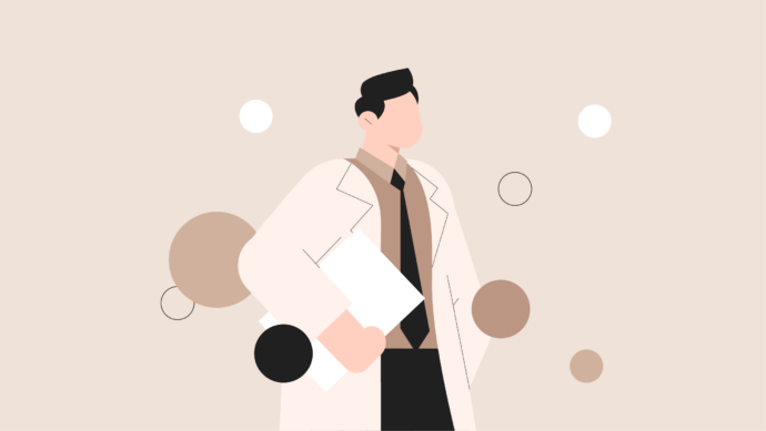 Illustration of a faceless doctor in a lab coat holding a folder, encapsulated by abstract circles on a beige background, capturing the essence of a personal brand.