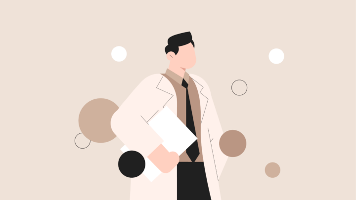 Illustration of a faceless doctor in a lab coat holding a folder, encapsulated by abstract circles on a beige background, capturing the essence of a personal brand.