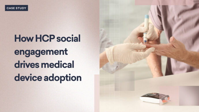 A gloved individual uses a medical device on a patient's finger. Text: "How HCP social engagement drives tool adoption in healthcare.