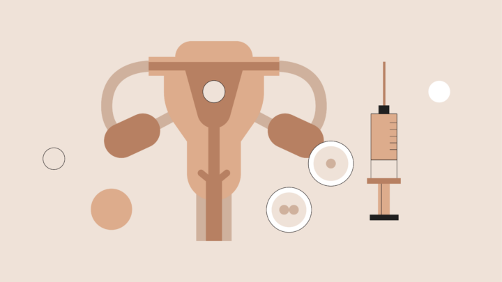 Illustration of a uterus with a syringe and petri dishes, symbolizing the impact of government policies on reproductive health rights.