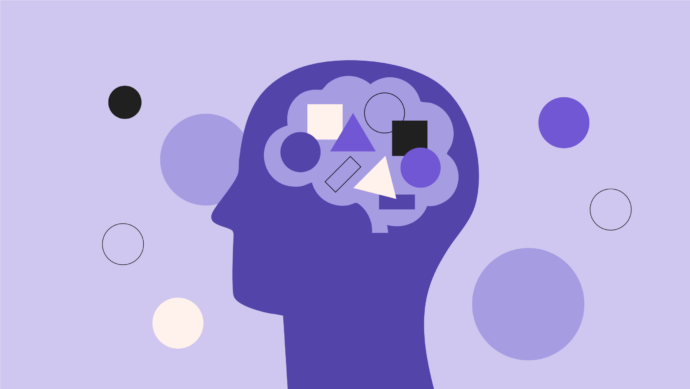 Illustration of a purple human head silhouette with abstract shapes inside the brain, symbolizing mental health awareness. It is surrounded by various colored circles on a light purple background, reflecting the complexity often navigated by doctors during times of crisis.