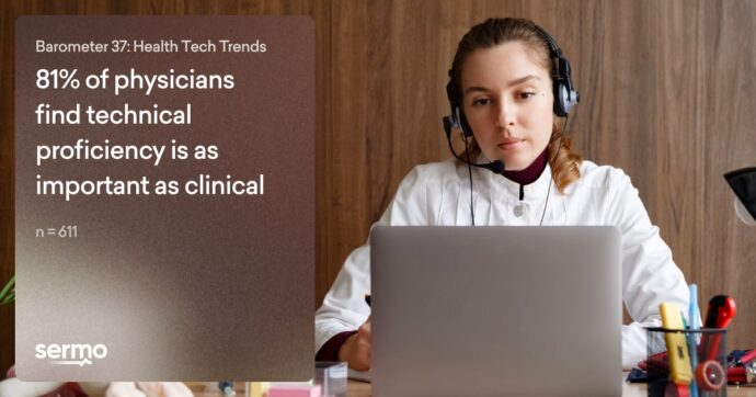 A person in a headset and lab coat sits at a laptop. Text reads: "81% of physicians find technical proficiency is as important as clinical expertise." n = 611.