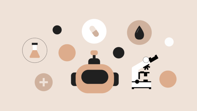 Abstract illustration showcasing advances in medical technology with a microscope, a robotic device, a pill, and geometric shapes in beige, black, and white on a light background.