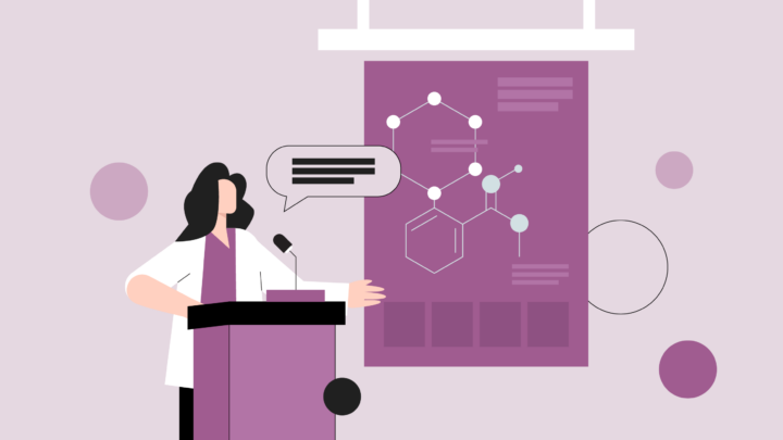 Illustration of a person at a podium presenting a scientific diagram on a screen, highlighting collaborative education models, with a speech bubble indicating speaking.