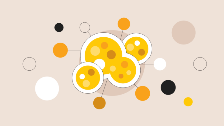 Abstract illustration of yellow interconnected circles with various smaller colored circles on a beige background, symbolizing the complex ethical considerations and dilemmas physicians face in cancer care.