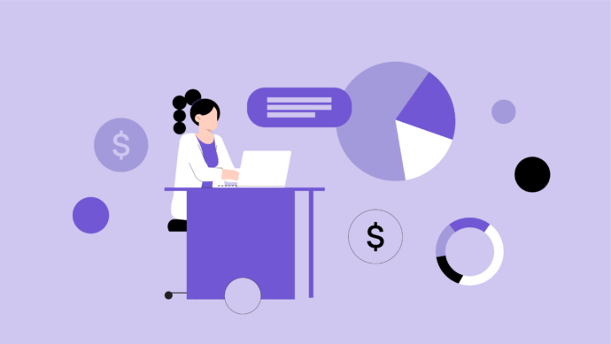 Illustration of a person at a desk with a laptop, surrounded by charts and dollar symbols, on a purple background, highlighting financial planning for physicians.