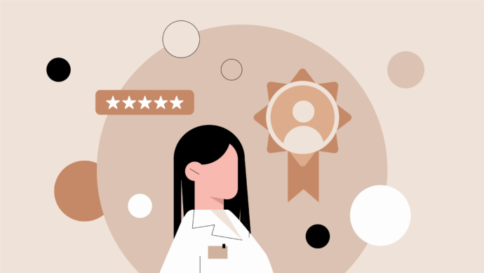 Illustration of a person with long hair in a lab coat, surrounded by abstract circles, a five-star rating, and a ribbon with a user icon, highlighting their expertise in public health.