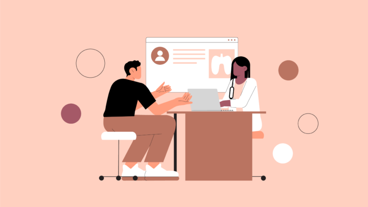 An illustration of a person sitting at a desk discussing 2025 solutions with a doctor. The doctor is using a laptop, and there is a medical chart on a screen in the background, reflecting their commitment to improving patient care.