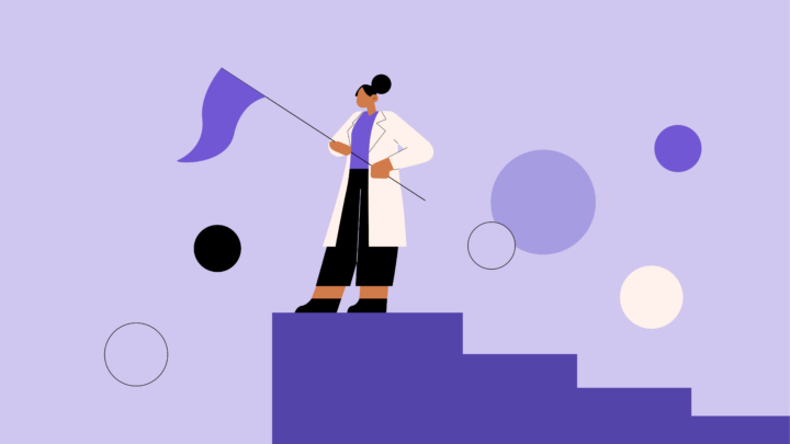 Illustration of a person in a lab coat, embodying leadership, holding a flag while standing on a staircase against a purple background with abstract circles.