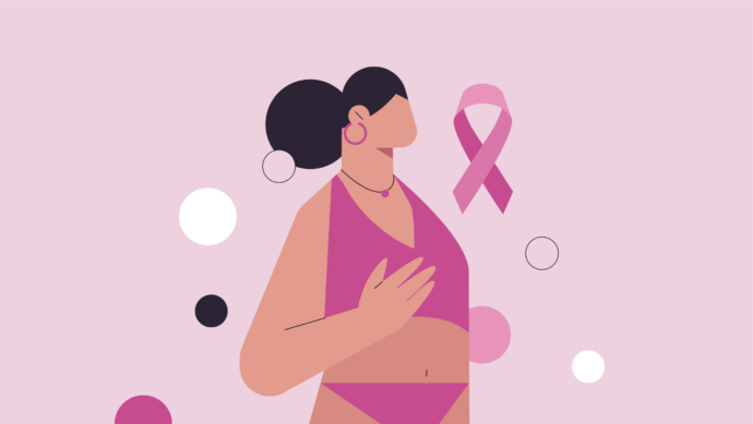 Illustration of a woman with short hair in a pink outfit, symbolizing her journey through breast cancer, with her hand over her chest next to a pink ribbon.