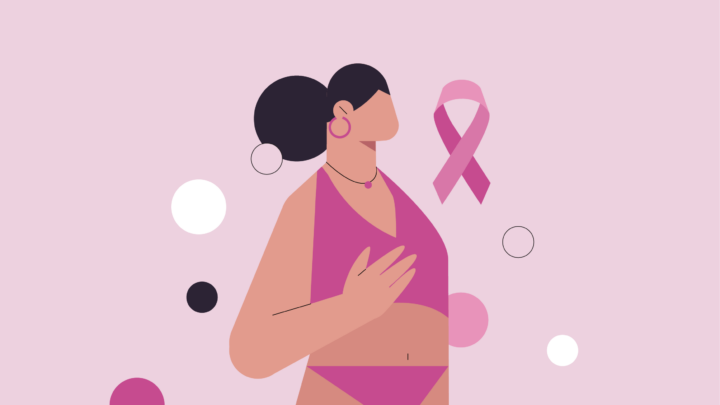 Illustration of a woman with short hair in a pink outfit, symbolizing her journey through breast cancer, with her hand over her chest next to a pink ribbon.