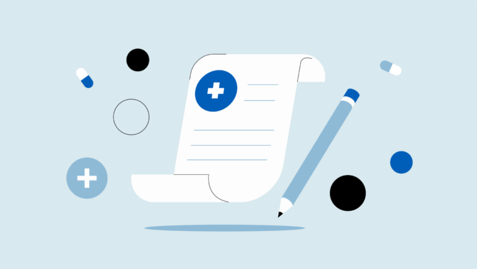 Illustration of a medical document next to a pencil, surrounded by blue and black capsules and dots on a light blue background, offering a glimpse into the detailed world of physician contract review.