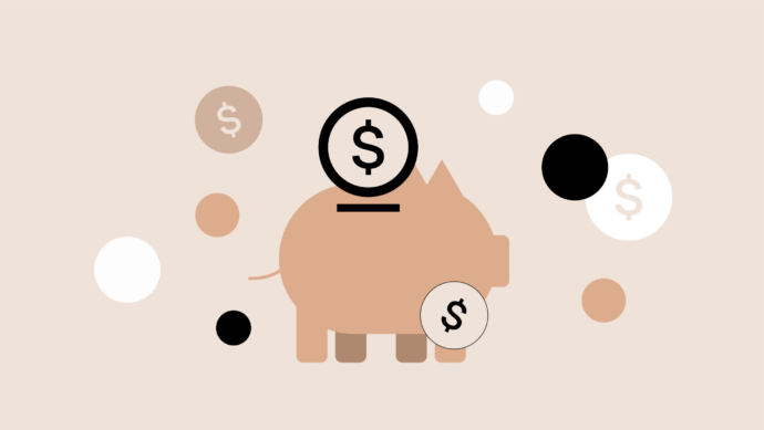 Illustration of a piggy bank surrounded by floating dollar signs on a beige background, symbolizing savings strategies.