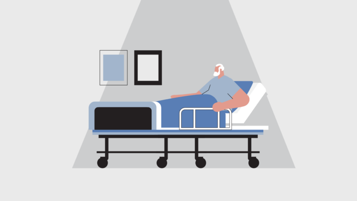 Illustration of a person with a beard resting in a hospital bed, covered by a blue blanket, as physicians focus on effective pain management. The room is softly lit, featuring two framed pictures on the wall.