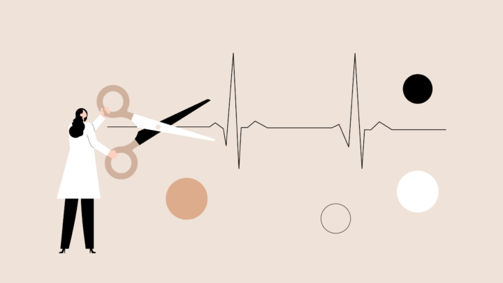 Illustration of a person in a coat cutting an ECG line with scissors, subtly reflecting ethical perspectives, surrounded by abstract shapes on a beige background.